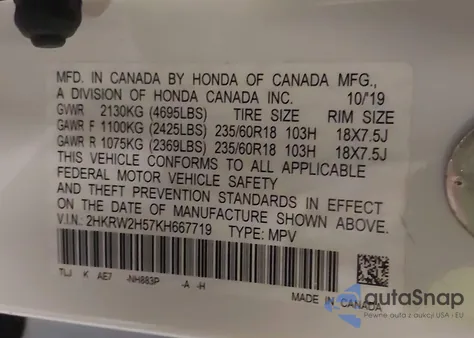 2019 Honda Cr-V Ex from USA, damaged, VIN 2HKRW2H57KH667719